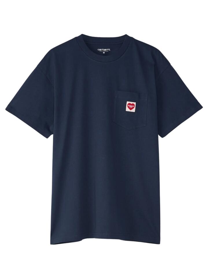 Image of a model wearing Tops. Productname: Carhartt Wip Pocket Heart T-Shirt in Blue colour by brand - Carhartt Wip
