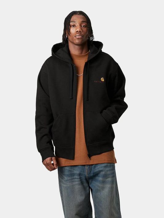 Image of a model wearing Outerwear. Productname: Carhartt Wip Hooded American Script Jacket in Black colour by brand - Carhartt Wip