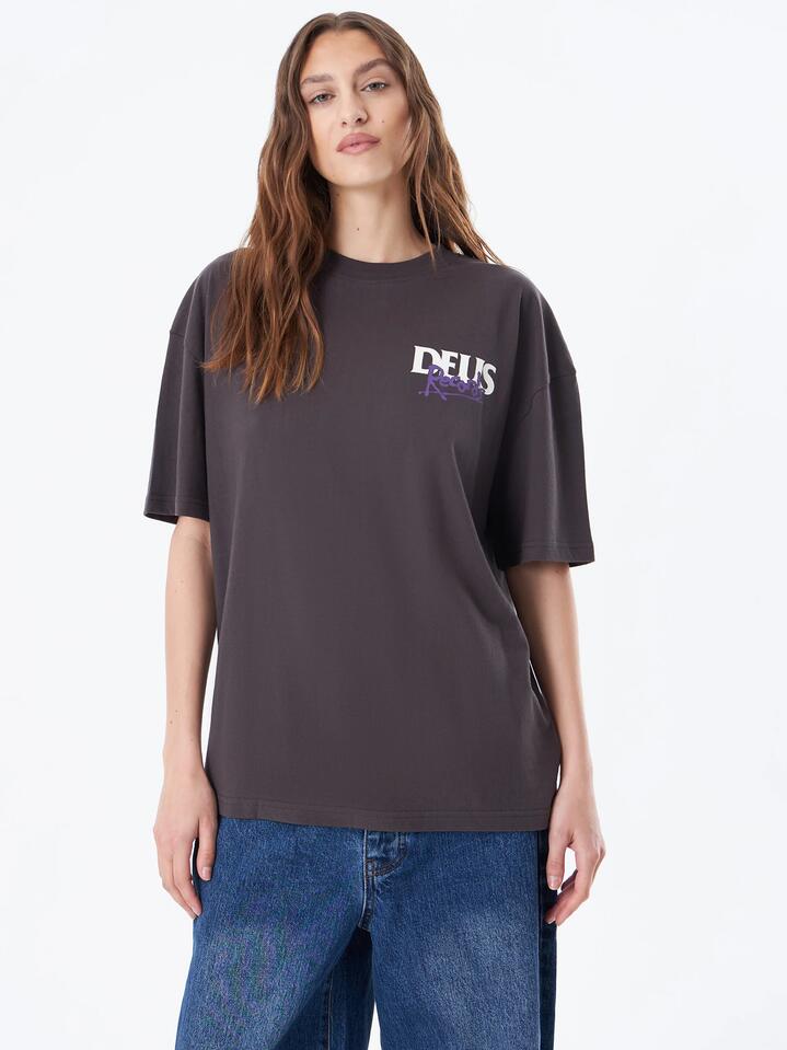 Image of a model wearing Tops. Productname: Deus Meltdown Tee in Anthracite colour by brand - Deus
