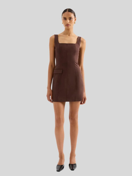 Image of a model wearing Dress. Productname: Nude Lucy Easton Tailored Mini Dress in Cocoa colour by brand - Nude Lucy