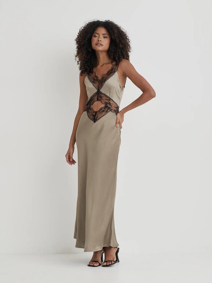 Image of a model wearing Dress. Productname: 4th & Reckless Satin Lace Slip Dress Kelsey in Khaki colour by brand - 4th & Reckless