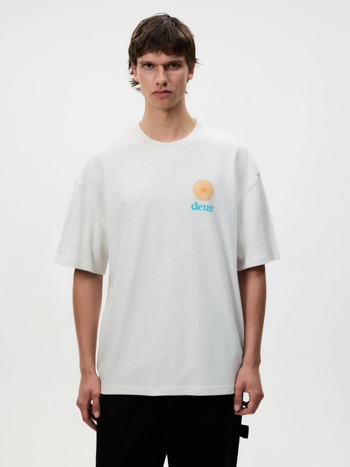 Image of a model wearing Tops. Productname: Deus Strata Tee in Lightgreym colour by brand - Deus