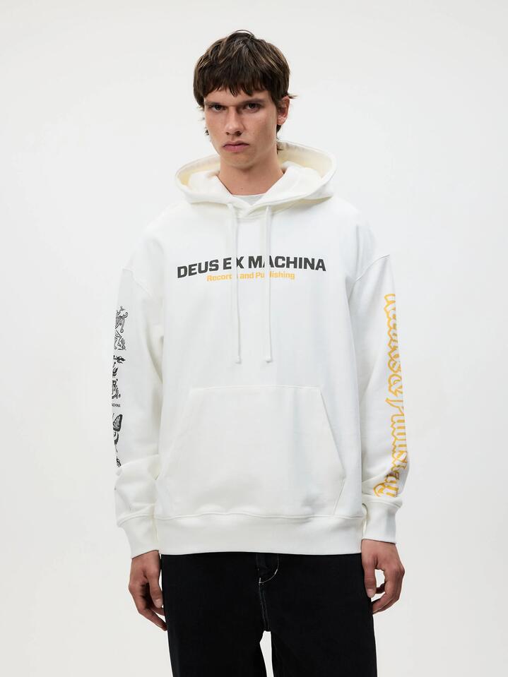 Image of a model wearing Outerwear. Productname: Deus Divine Sparks Hoodie in Vintage White colour by brand - Deus