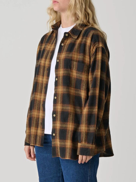 Image of a model wearing Tops. Productname: S-Double Plaid Classic LS Shirt in Mustard colour by brand - S-Double