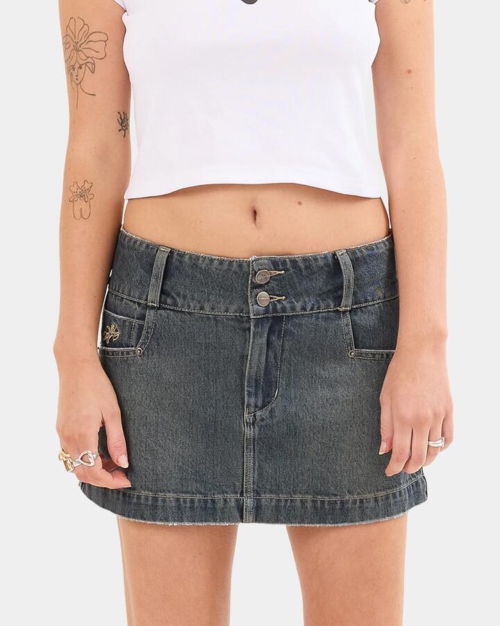 Image of a model wearing Skirts. Productname: Worship - Womens Crux 00'S Mini Skirt - Blasted Blue - in Blasted Blue colour by brand - Worship