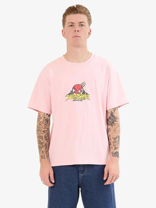 Image of a model wearing Tops. Productname: Worship Vanity Tee in Candy colour by brand - Worship
