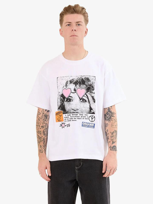 Image of a model wearing Tops. Productname: Worship Total Confusion Tee in White colour by brand - Worship