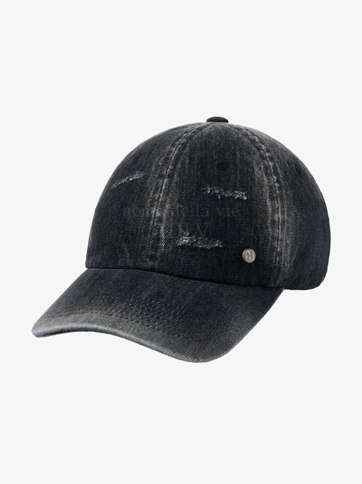 Image of a model wearing Denim. Productname: ADLV Damage Washing Denim Ball Cap ONE SIZE BLACK in BLACK colour by brand - ADLV
