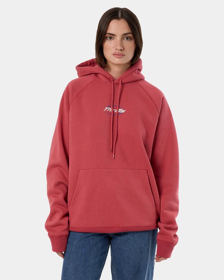 Image of a model wearing Outerwear. Productname: Thrills Womens Fortune Favours Raglan Pullover Hoodie Redwood - in Redwood colour by brand - Thrills