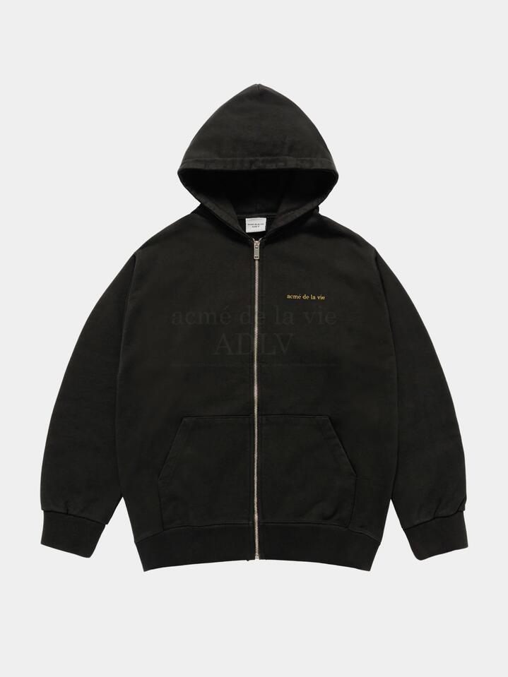 Image of a model wearing Outerwear. Productname: ADLV Basic Bio Washing Hoodie Zip Up in Black colour by brand - ADLV