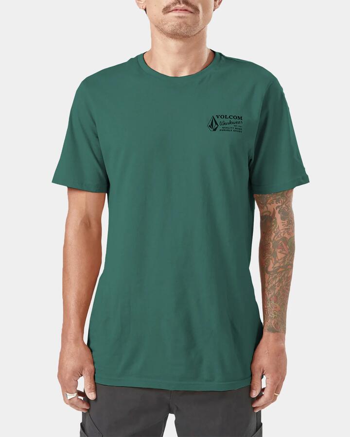 Image of a model wearing Uniforms & Workwear. Product name - Volcom Mens Workwear T-Shirt Forest in Forest colour by brand - Volcom