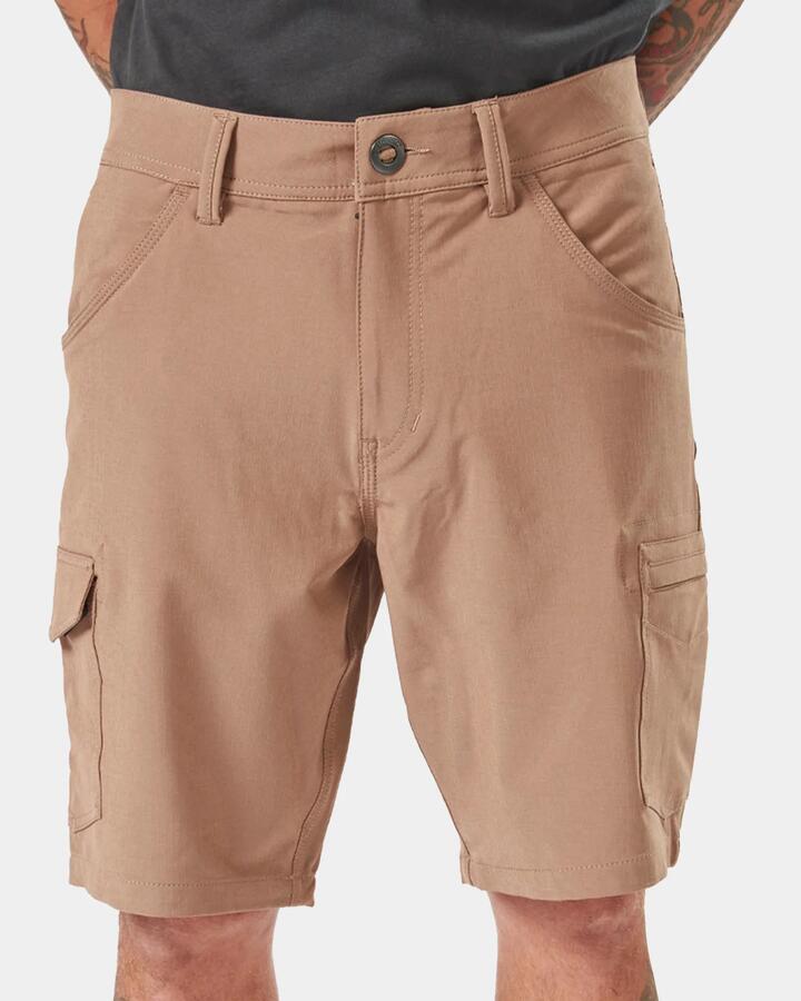 Image of a model wearing Shorts. Product name - Volcom Mens Slab 20" Hybrid Shorts Brindle in Brindle colour by brand - Volcom