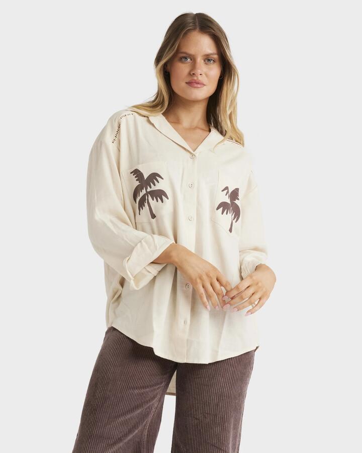 Image of a model wearing Tops. Productname: Billabong Womens Sunset Canyon Short Sleeve Shirt Whitecap - in Whitecap colour by brand - Billabong