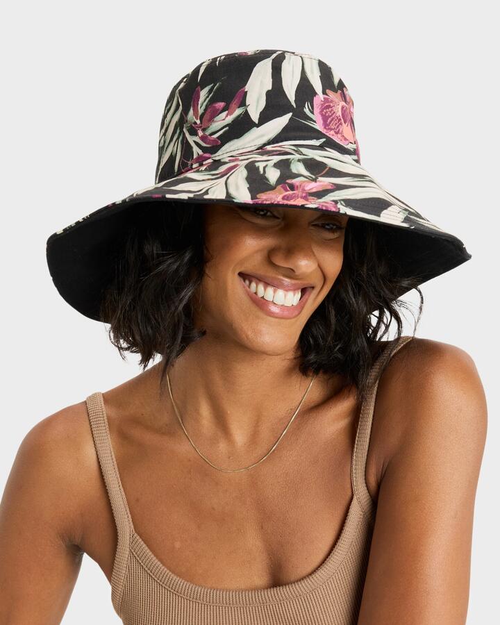 Image of Hats. Product name - Roxy Womens Left Side Bucket Hat Anthracite Wind Swept Floral in Anthracite Wind Swept Floral colour by brand - Roxy