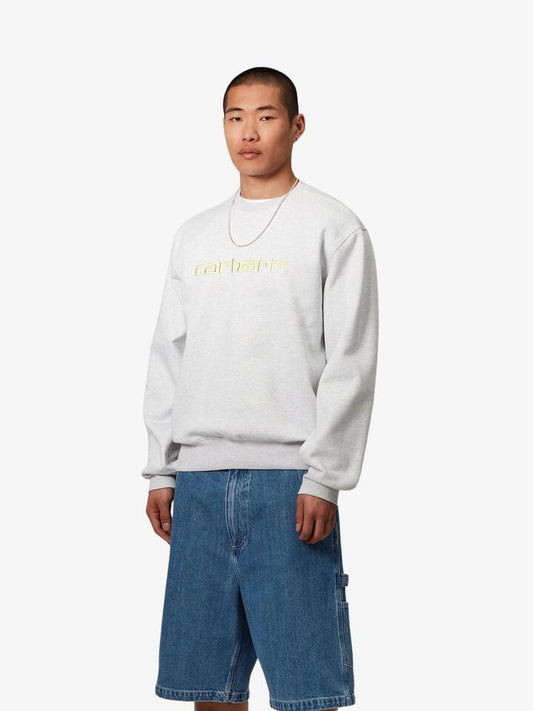 Image of a model wearing Outerwear. Productname: Carhartt Wip Carhartt Sweat in Ash Heather/Air Green colour by brand - Carhartt Wip