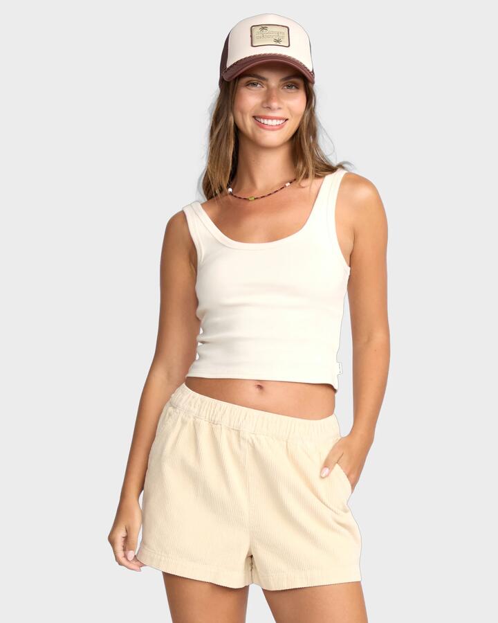 Image of a model wearing Tops. Productname: Billabong - Womens Goddess Knit Tank Top - Whitecap - in Whitecap colour by brand - Billabong