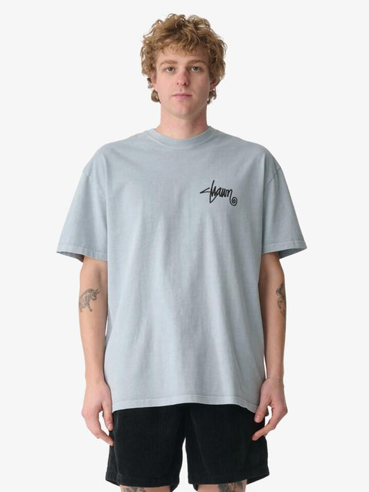 Image of a model wearing Tops. Productname: S-Double Roots Dot Tee in Washed Steele colour by brand - S-Double