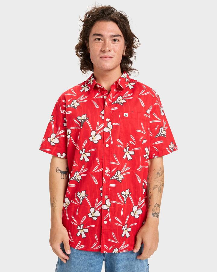 Image of a model wearing Tops. Productname: Quiksilver - Mens Apero Classic Short Sleeve Shirt - Salsa Dusty Floral - in Salsa Dusty Floral colour by brand - Quiksilver