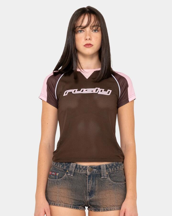 Image of T-Shirts. Product name - Rusty Womens Naples Contras Baby Sports Jersey T-Shirt Brown in Brown colour by brand - Rusty