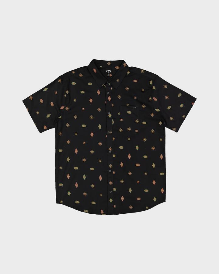 Image of a model wearing Tops. Productname: Billabong Mens Sundays Mini Short Sleeve Shirt Phantom - in Phantom colour by brand - Billabong