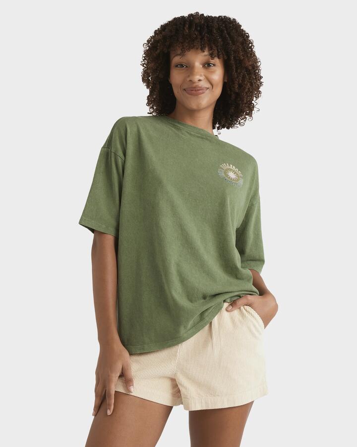 Image of a model wearing Tops. Productname: Billabong - Womens Take A Tour T-Shirt - Luv Army - in Luv Army colour by brand - Billabong