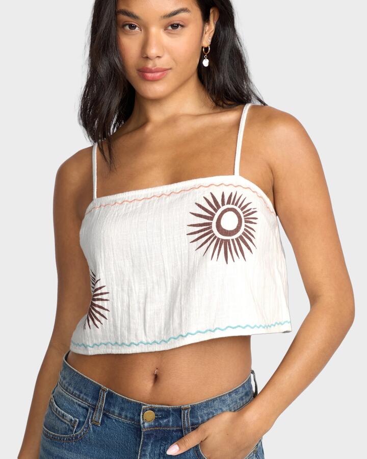 Image of a model wearing Tops. Product name - Billabong Womens Easy Breezy Tank Top Salt Crystal in Salt Crystal colour by brand - Billabong