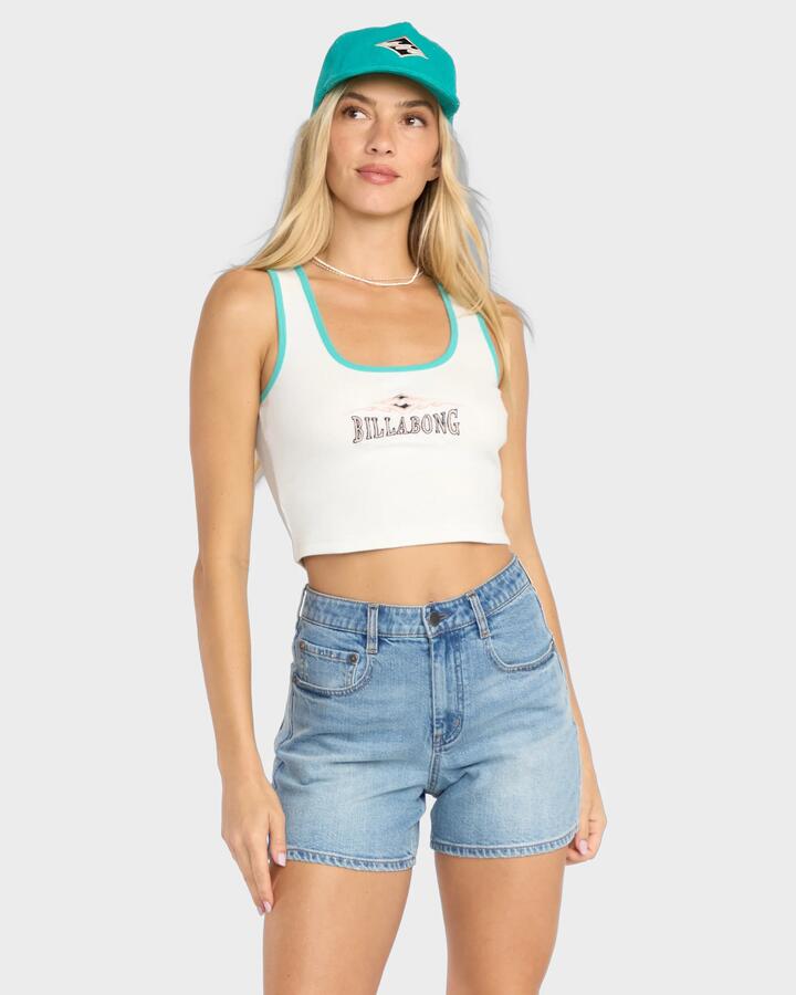 Image of a model wearing Tops. Product name - Billabong Womens Wave Out Tank Top Light Grey in Light Grey colour by brand - Billabong