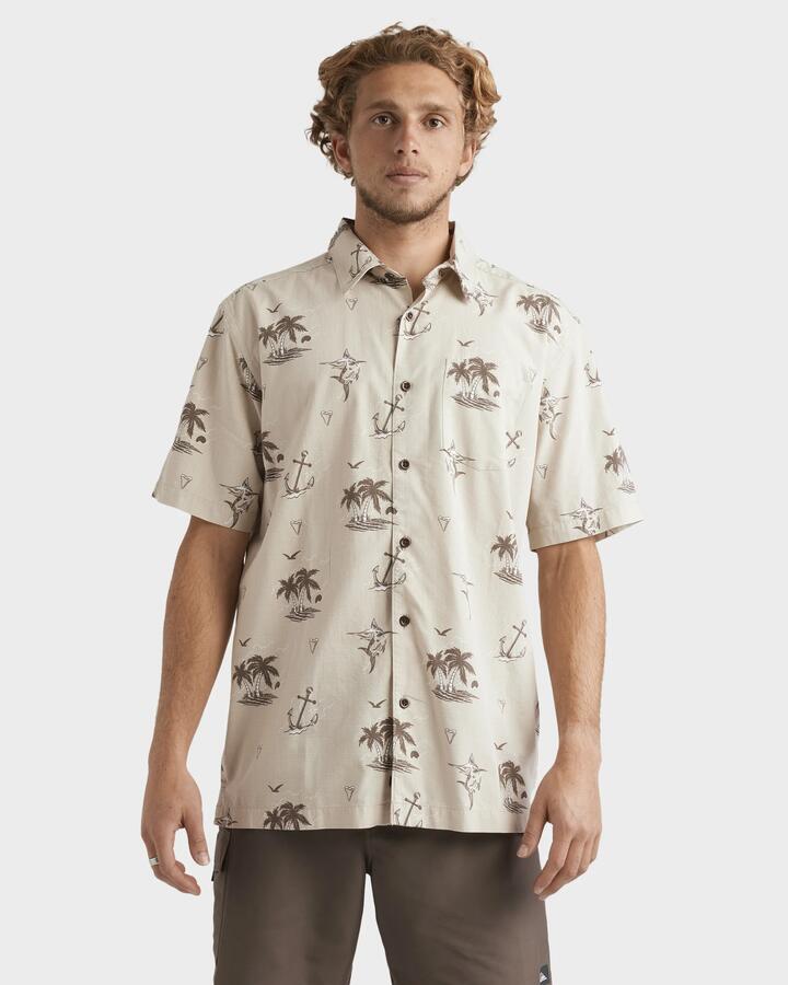 Image of a model wearing Tops. Product name - Quiksilver Mens Horizon Haze Short Sleeve Shirt Cloudy Gray in Cloudy Gray colour by brand - Quiksilver