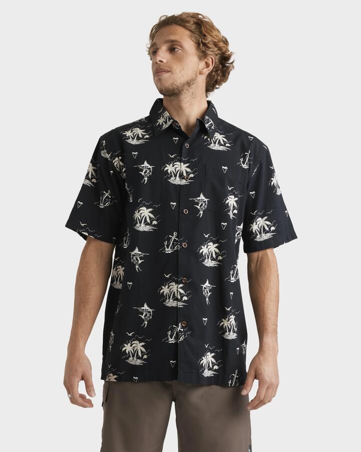 Image of a model wearing Tops. Product name - Quiksilver Mens Horizon Haze Short Sleeve Shirt Washed Black in Washed Black colour by brand - Quiksilver