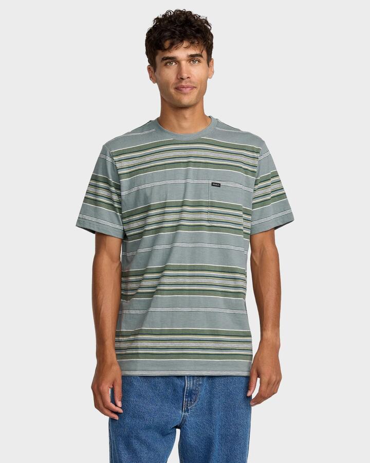 Image of a model wearing Tops. Productname: RVCA Mens Magnolia T-Shirt Lead - in Lead colour by brand - RVCA