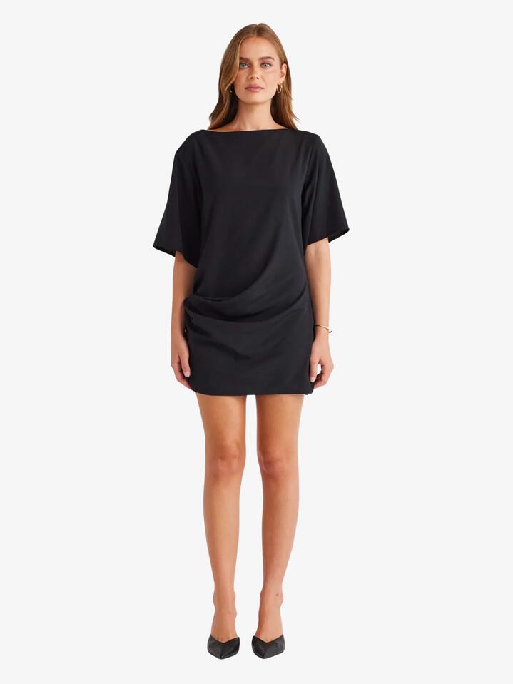 Image of a model wearing Dress. Productname: SNDYS Aire Mini Dress in BLACK colour by brand - SNDYS