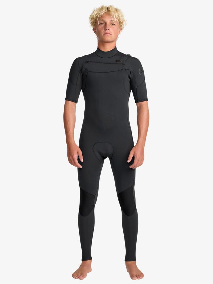 Image of a model wearing Tops. Product name - Quiksilver Mens 2/2Mm Everyday Sessions Chest Zip Short Sleeve Wetsuit Black in Black colour by brand - Quiksilver
