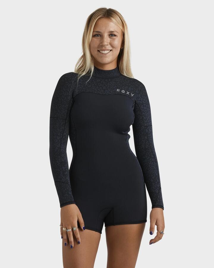 Image of a model wearing Tops. Product name - Roxy Womens 2Mm Swell Natural Long Sleeve Springsuit Animal Print in Animal Print colour by brand - Roxy
