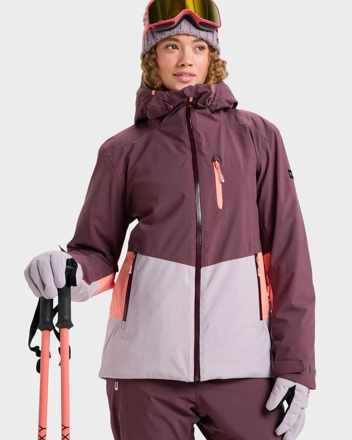 Image of a model wearing Outerwear. Productname: Roxy - Womens Stormdash Snow Jacket - Huckleberry - in Huckleberry colour by brand - Roxy