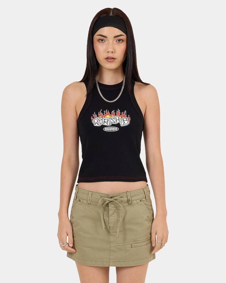 Image of a model wearing Tops. Productname: Worship - Womens Snake Eyes Slim Fit Tank Top - Black - in Black colour by brand - Worship
