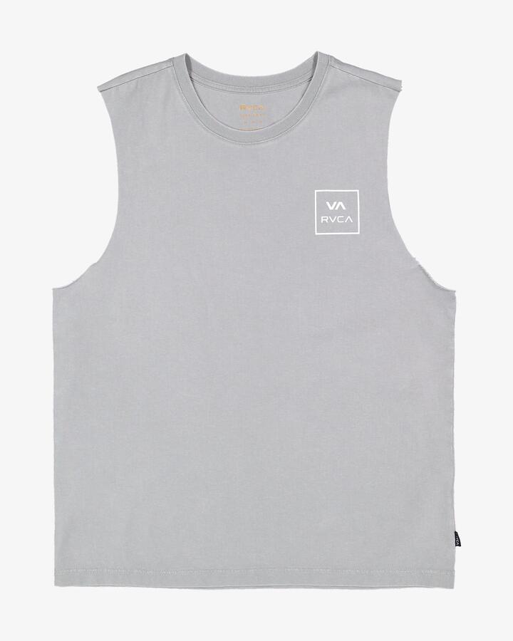 Image of a model wearing Tops. Product name - RVCA Mens Va All The Ways Muscle Shirts Monument in Monument colour by brand - RVCA
