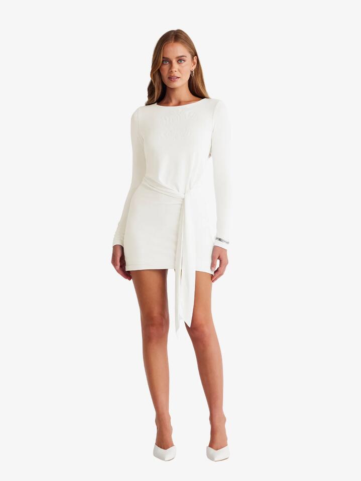 Image of a model wearing Dress. Productname: SNDYS Tatia Mini Dress in OFF WHITE colour by brand - SNDYS