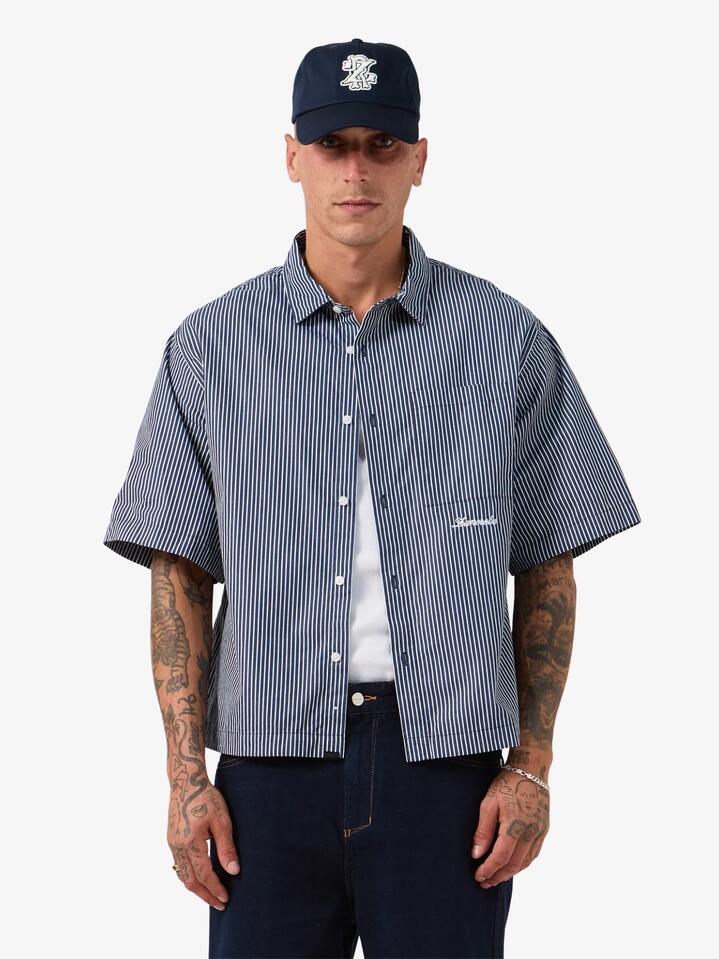Image of a model wearing Tops. Productname: Zanerobe Box Crop Shirt in Navy Stripe colour by brand - Zanerobe