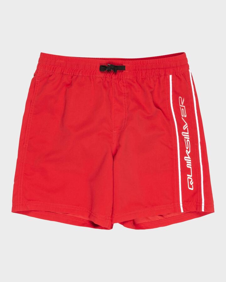 Image of a model wearing Shorts. Product name - Quiksilver Boys 8-16 Everyday Volley 15" Swim Shorts Salsa in Salsa colour by brand - Quiksilver