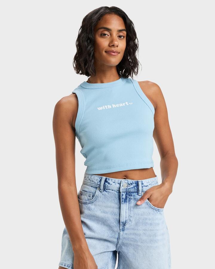 Image of a model wearing Tops. Productname: Roxy Womens Iconic Days Tank Top Sky Blue - in Sky Blue colour by brand - Roxy