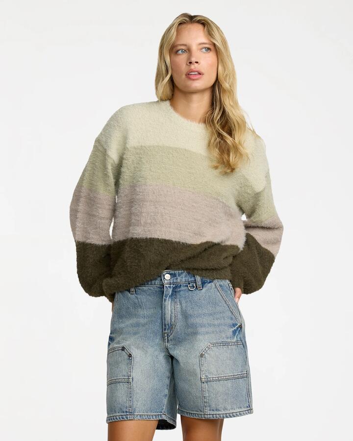 Image of a model wearing Shorts. Productname: RVCA Womens Chainmail Denim Shorts Light Vintage Indigo - in Light Vintage Indigo colour by brand - RVCA