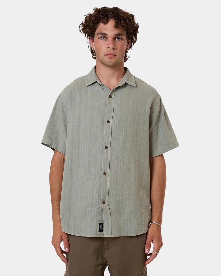 Image of a model wearing Tops. Productname: Thrills Mens Unhinged Short Sleeve Shirt Grey - in Grey colour by brand - Thrills