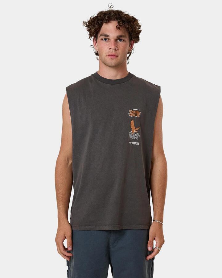 Image of a model wearing Tops. Productname: Thrills Mens 1St Grade Service Muscle Shirt Black - in Black colour by brand - Thrills