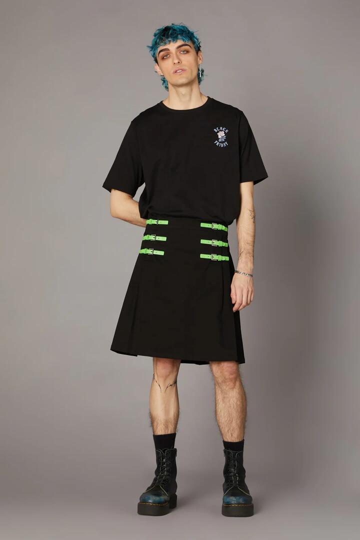 Image of a model wearing Skirts. Productname: Neon Punk Kilt in Black colour by brand - Black Friday