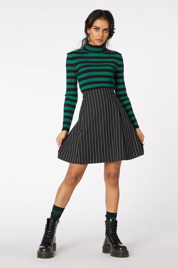 Image of a model wearing Skirts. Productname: Pin Stripe Pleat Mini Skirt in Black colour by brand - Dangerfield