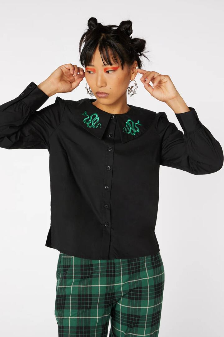 Image of a model wearing Tops. Productname: Collar Snake Cotton Blouse in Black colour by brand - Dangerfield