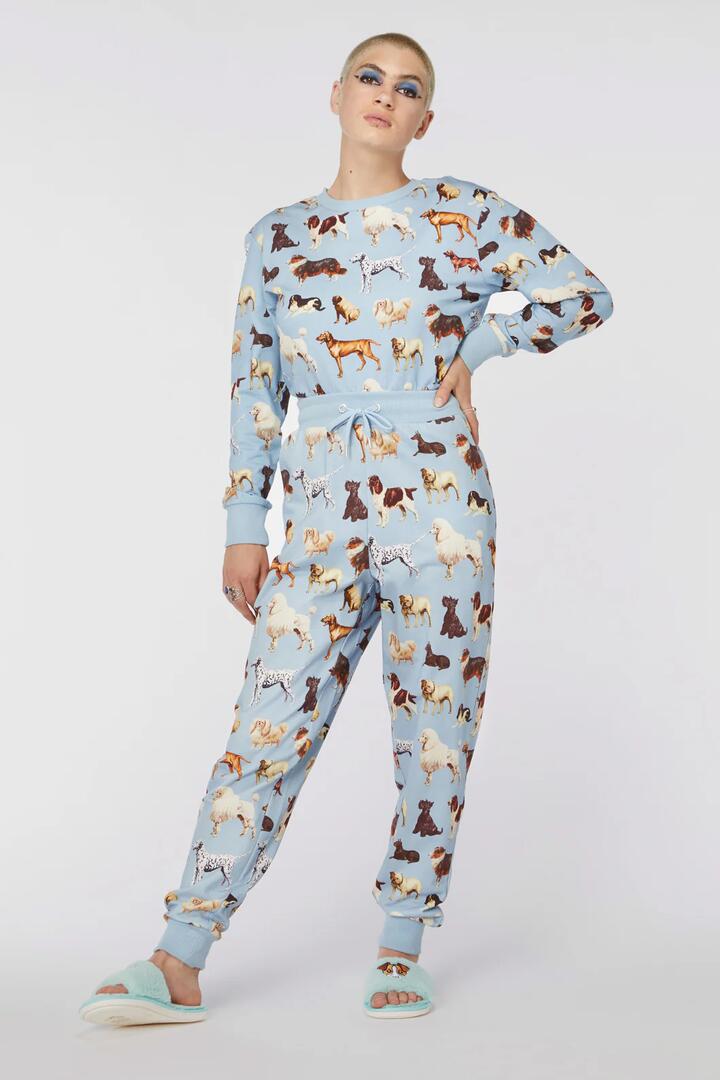 Image of a model wearing Pants. Productname: Doggo Print Track Pant in Blue colour by brand - Dangerfield