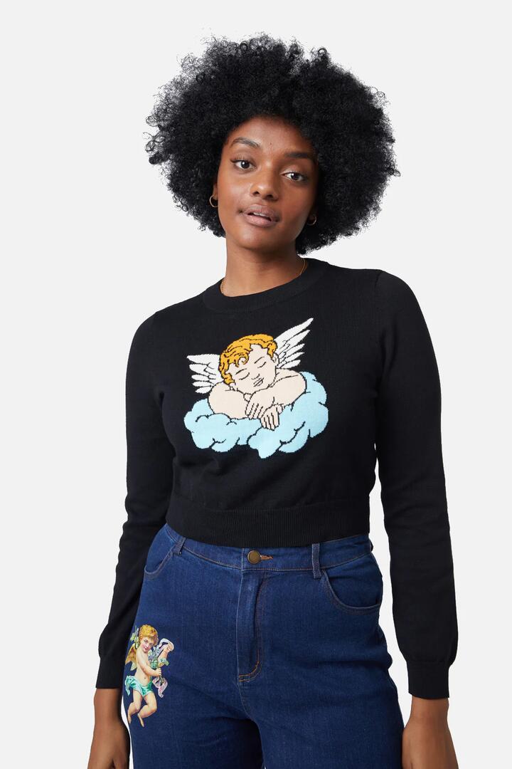 Image of a model wearing Tops. Productname: Quirky Cherub Cotton Knit in Black colour by brand - Dangerfield