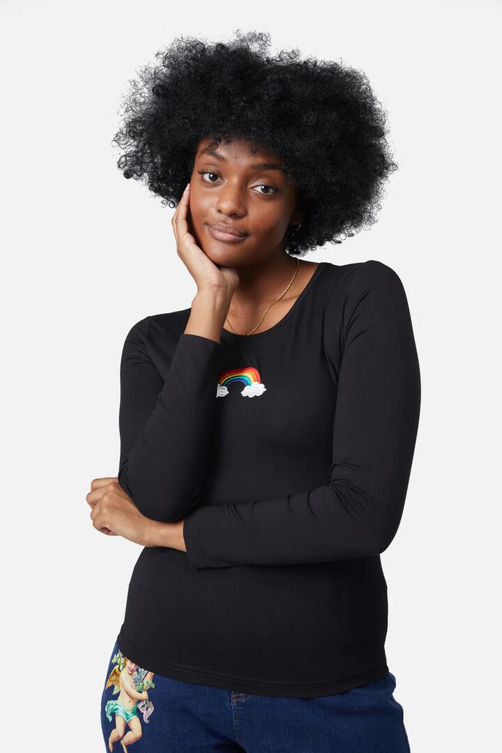 Image of a model wearing Tops. Productname: Embroidered Rainbow Top in Black colour by brand - Dangerfield