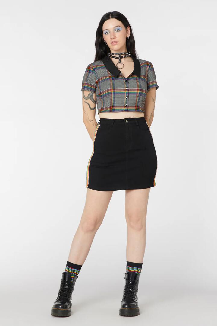 Image of a model wearing Skirts. Productname: Denim Rainbow Mini Skirt in Black colour by brand - Dangerfield